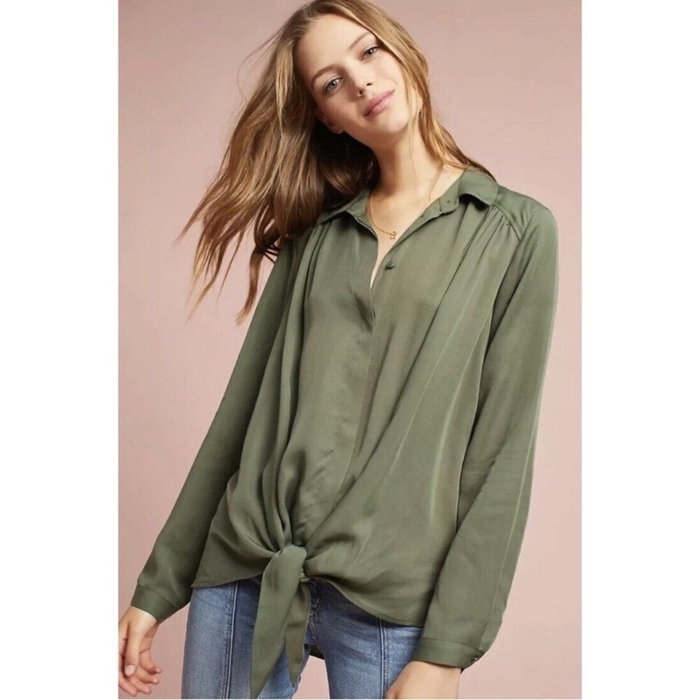 ANTHROPOLOGIE MEAVE TUESDAY Tie Front Button Blouse in Olive Green
